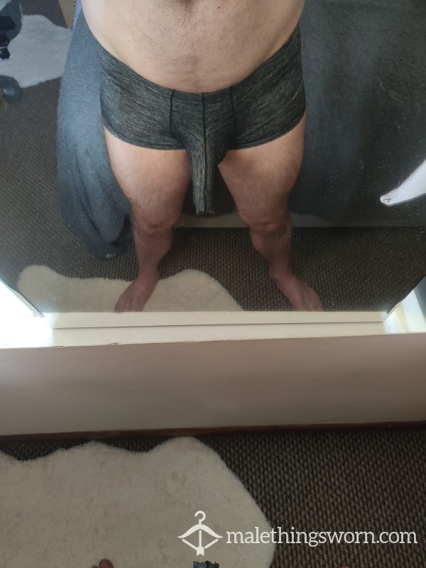 Worn Grey Cock Sheath Boxers. With Cut Peep In The End 🍆😈🍆😈