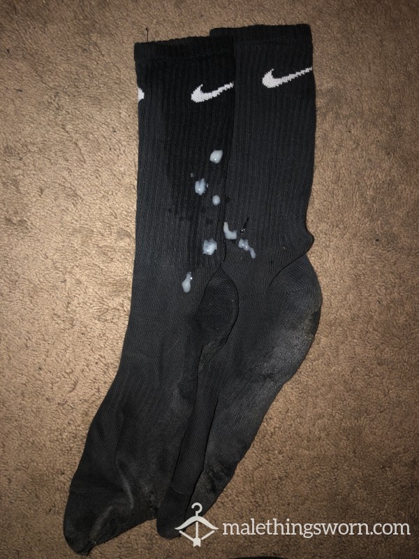 2 Days Sweaty At Work Old Nike Socks With 2-2 Day Cum Load With Some Holes And Worn Out Areas, Worn In Old Dirty Timberland Work Boots