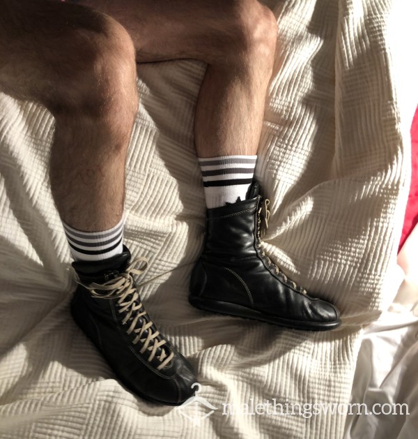 Adidas White And Grey Stripes Worn In Combat Boots