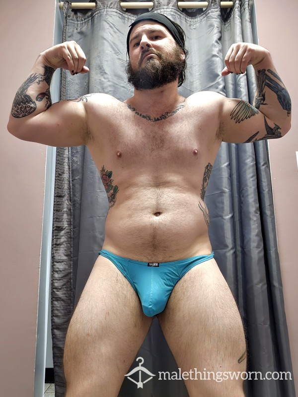 Baby Blue Thong Worn By Sweaty Powerlifter