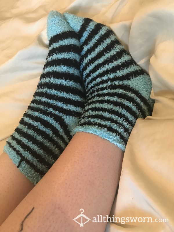 Black And Blue Striped Fuzzy Socks