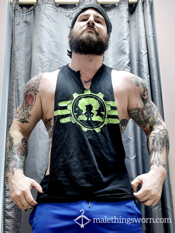 Black And Green Fallout Sleeveless Worn By Sweaty Powerlifter