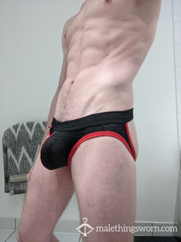 Black And Red See Thru Jockstrap, Worn By Twink Couple