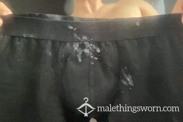 Black Boxers Coated In A Fresh Load + Short Vid Of Them Being Squirted On! 💦