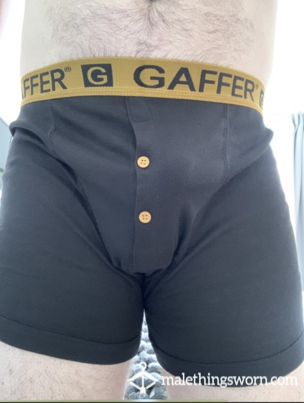 Black “Gaffer” Boxers With Gold Band. Size XL