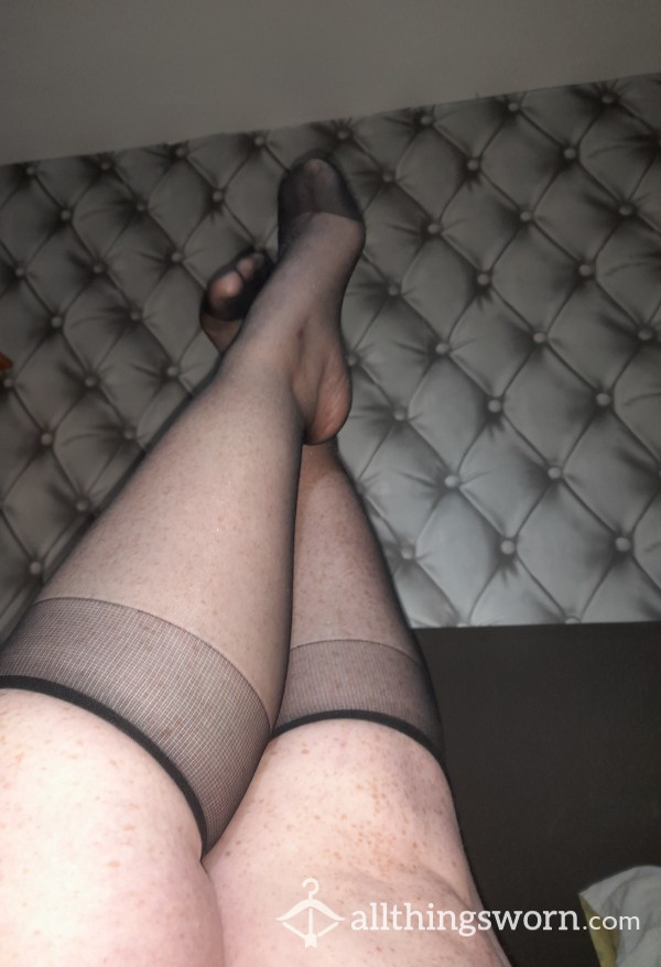 Black Glossy Knee High Stockings With Sheer Toe