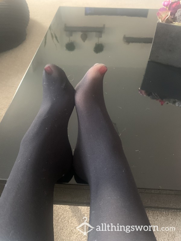 Medium, Black, Shimmering, Soft, Worn For 24 Hours Tights. Sweaty Feet And No Pants Worn.