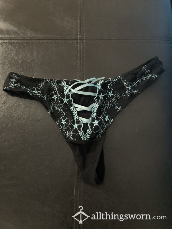 Black Thong With Blue Tie-up Front