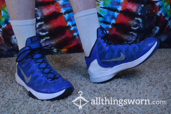 Blue And White Nike Mid-top Basketball Shoes