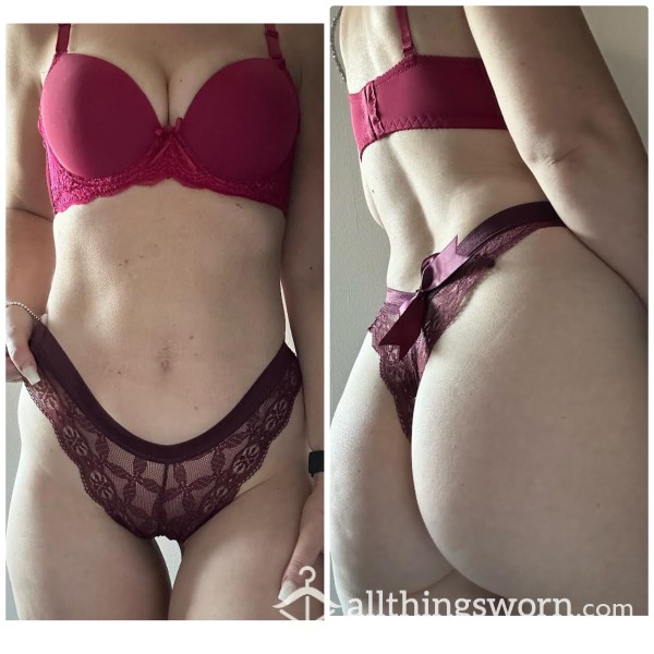 Burgundy Lace Thong With Bow