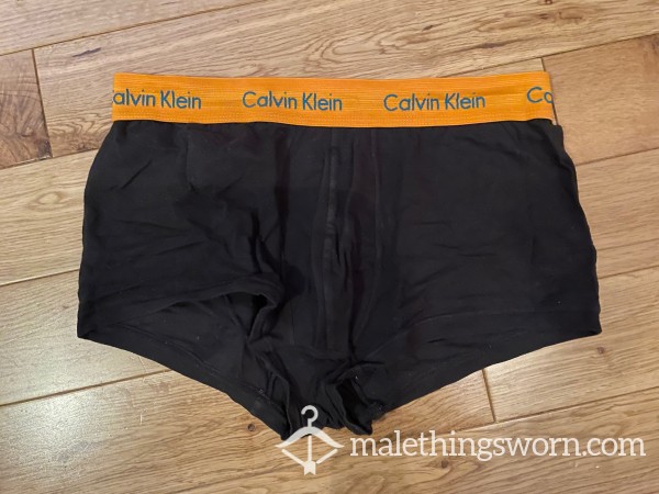 Calvin Klein Tight Fitting Black Boxer Trunks With Orange Logo Waistband (S)