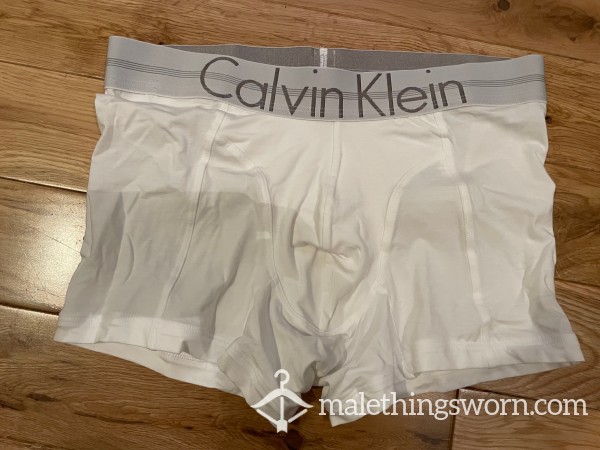 Calvin Klein Tight Fitting White Boxer Trunks With Wide Silver Waistband (S)