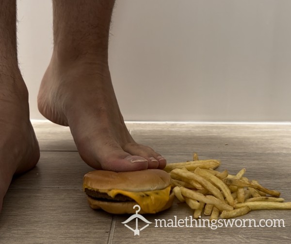 Crushing, Trampling A Burger And Fries Barefoot