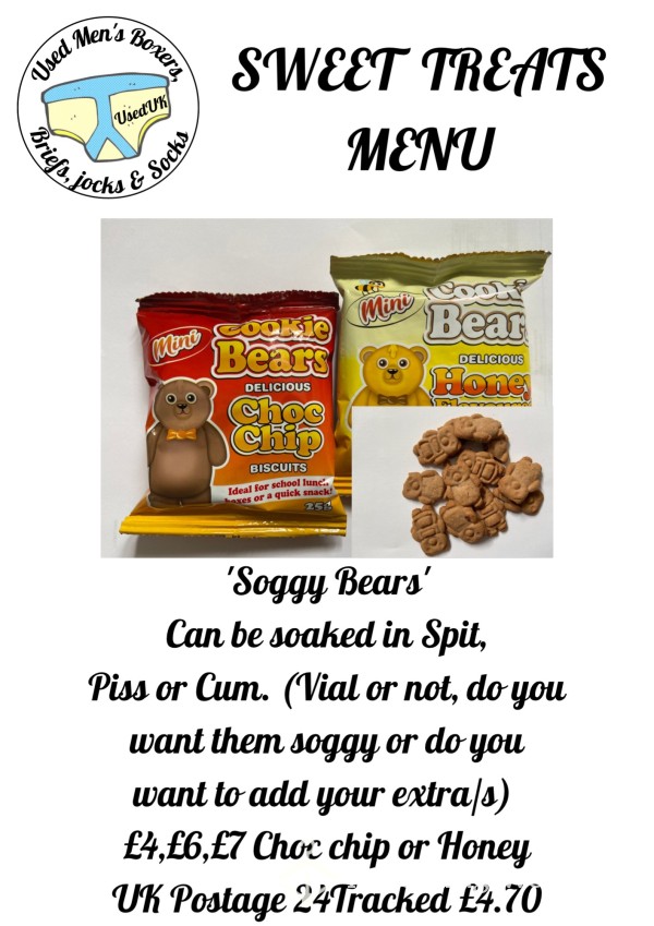 Cummy Bears. Cookies In Choc Chip Or Honey. Add Spit, Piss Or Cum. Can Be Posted Soggy Or You Can Add To The Cookies When You Get Them If You Want The Cum Crunch! From £4 Plus Postage