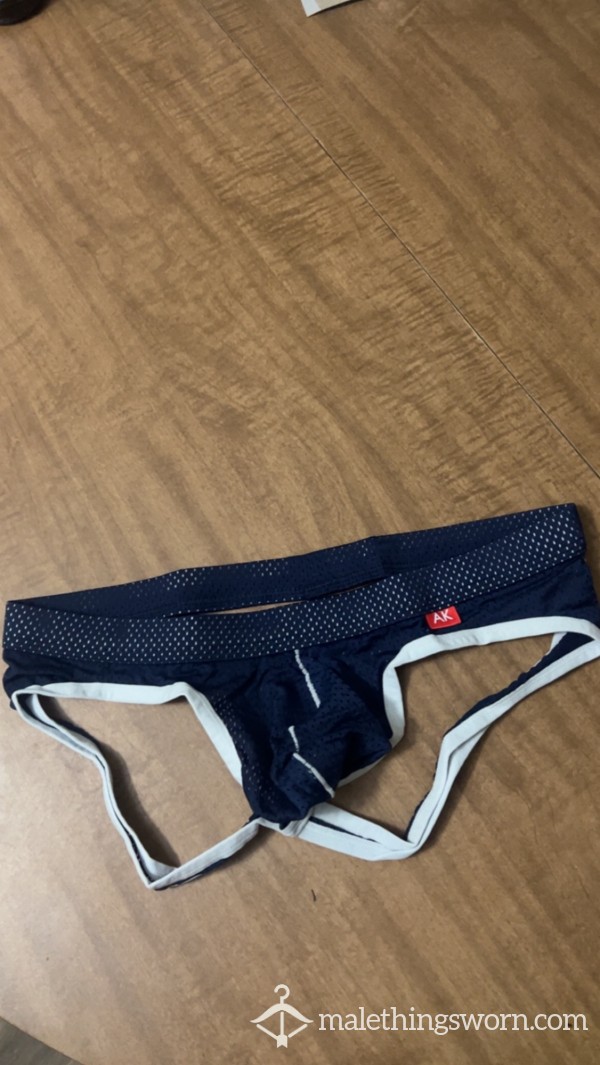 Dark Blue And White Used And Abused Musky Jock Strap. Super Rank And Stinky!