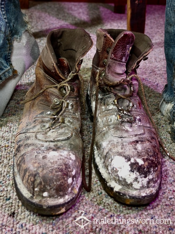 Extremely Dirty Worn-out Leather Steel Toe Wolverine Work Boots