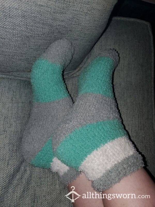 Fuzzy Green, Gray, And White Socks
