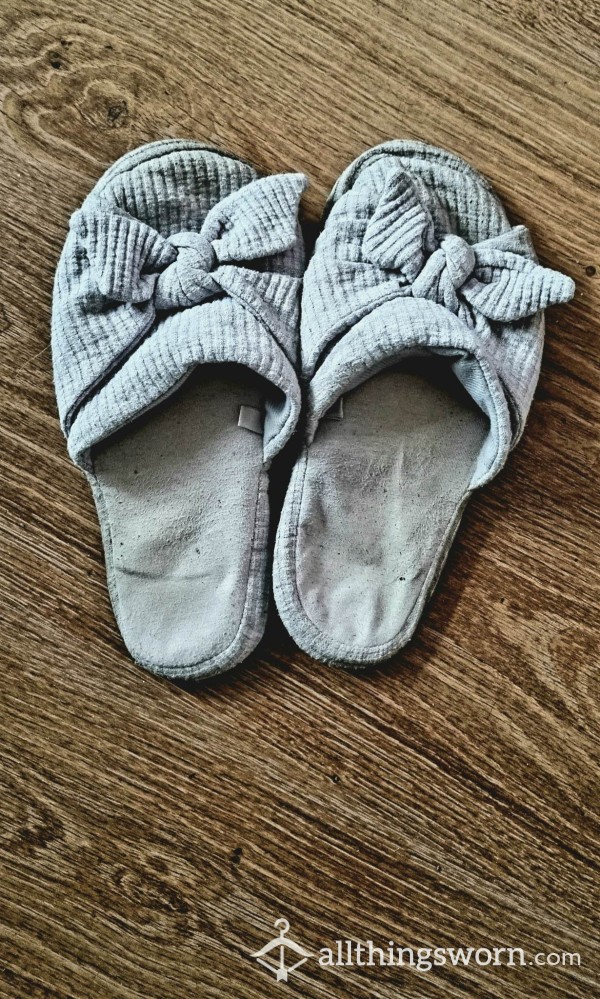 Grey Cozy Well-worn Slippers Made From Fabric.