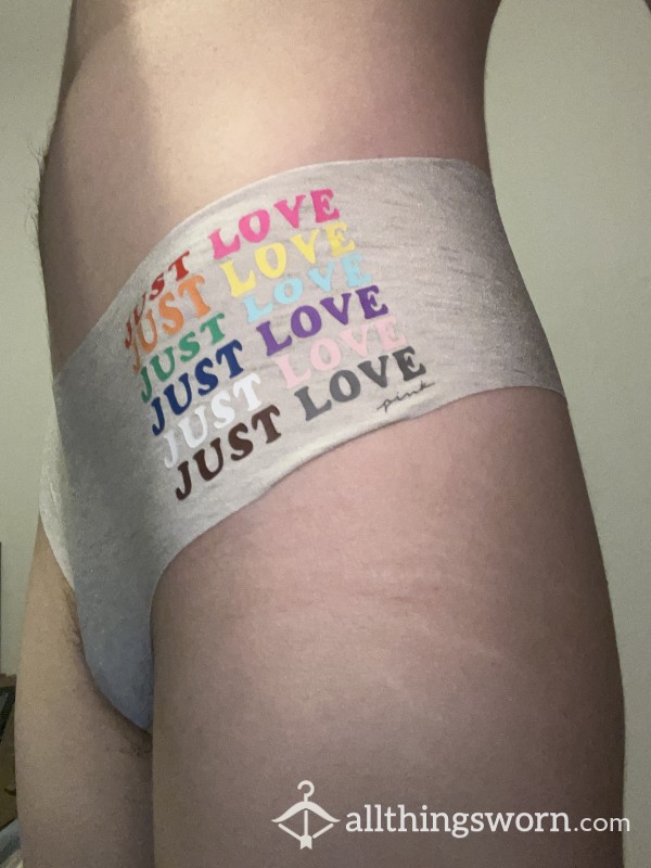 Grey PINK Thong With Rainbow “Just Love” Graphic
