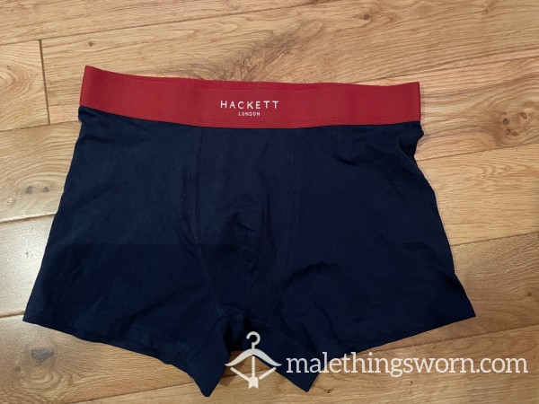 Hackett London Tight Fitting Navy Boxer Trunks With Rust Waistband (S)