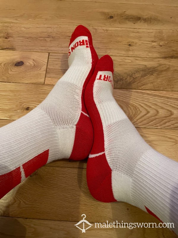 Iron Sport White & Red Sports Crew Gym Socks - Ready To Be Customised For You