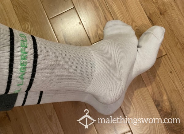 Karl Lagerfeld White Sports Crew Socks With Green Logo - Want To Sniff?