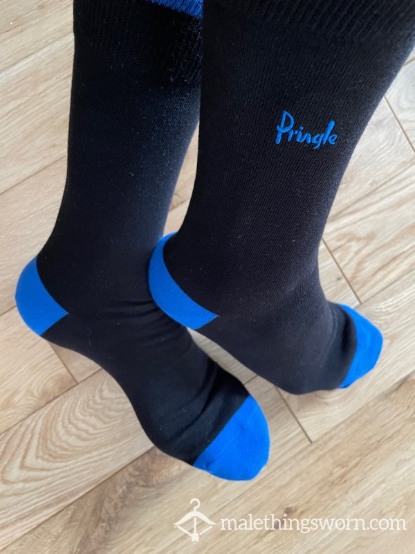 Luxury Pringle Scotland Black Dress Socks With Embroidered Blue Logo, Heel & Toe, You Want To Sniff A Bit Of Class?