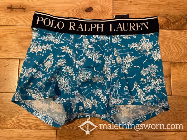 SOLD - Men's Ralph Lauren Polo Funky Blue Hawaii Print Boxer Shorts Trunks (M)