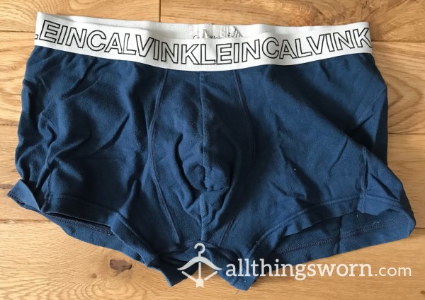 Men's Used Calvin Klein Navy Tight Fitting Boxer Trunks With White Waistband (S) photo