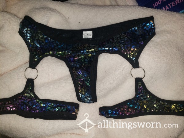 Metallic Print Thong With Attached Garters