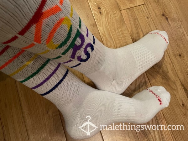 Michael Kors Chav White Sports Crew Socks With Pride Rainbow Logo & Stripes - Limited Edition Rare