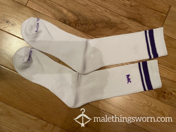 Michael Kors Chav White Sports Crew Socks With Purple Logo & Stripe - Ready To Be Customised For You