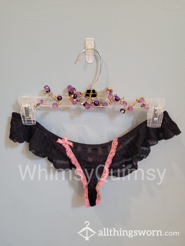 Naughty Little Black & Pink Sheer Thong With Ruffles