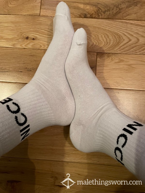 NICCE Thin White Skate Sports Crew Socks With Black Logo Stripe Sexy Chav - Ready To Be Customised For You