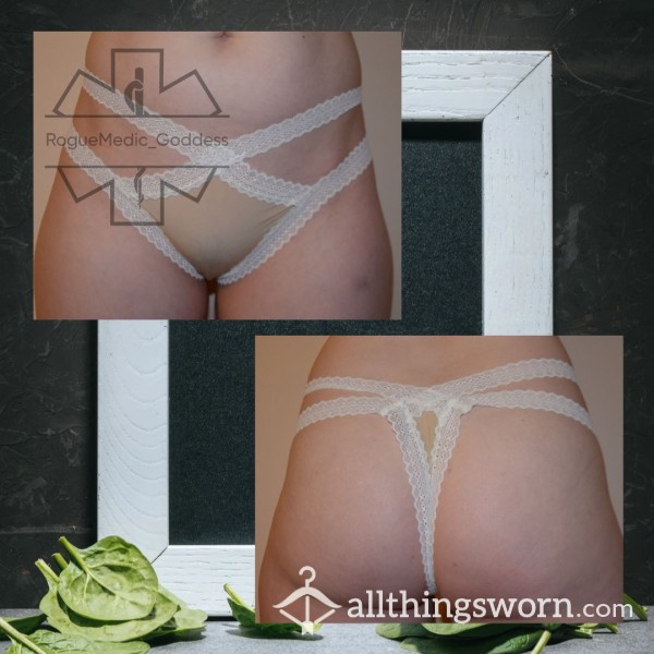 Nude With White Lace Trim Thong - Medium