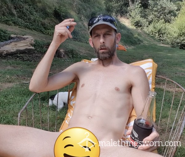 Nudist Outdoors, Chilling With A Smoke And A Drink