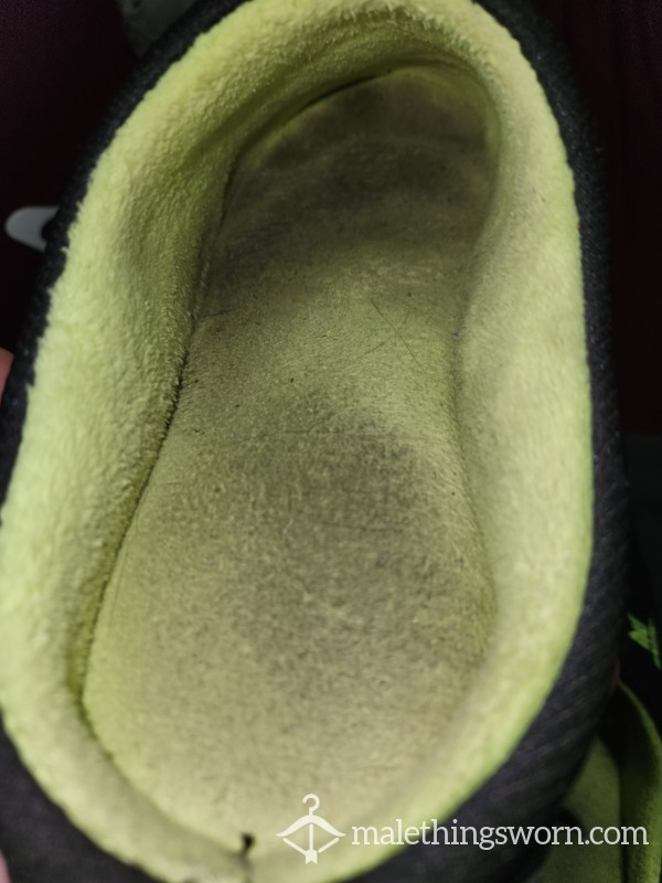 Black And Neon Green Memory Foam House Slippers, Stinky And Stained By Dirty Feet 🐽