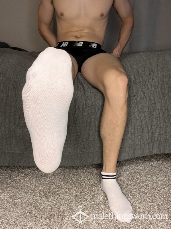 PAIR OF USED GYM SOCKS From A Sweaty College Jock - White Ankle Socks With Black Stripes