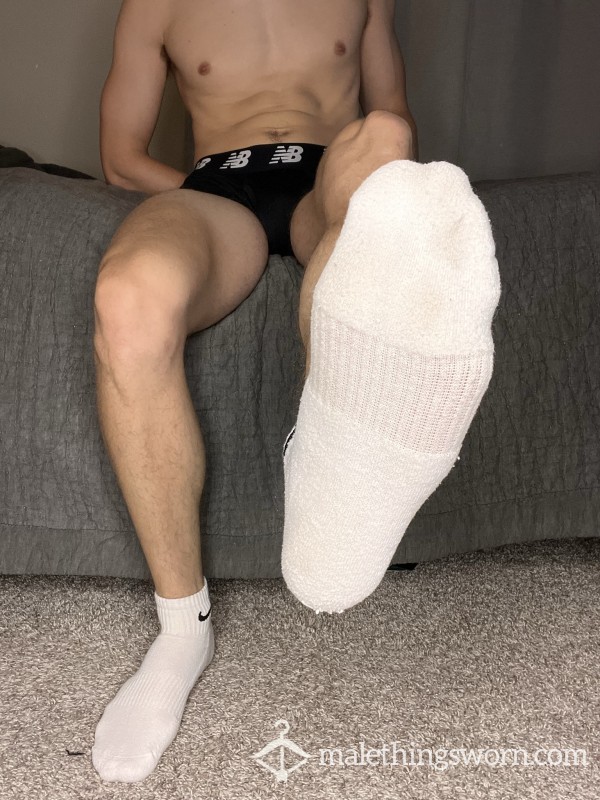 PAIR OF USED GYM SOCKS From A Sweaty College Jock - White Nike Ankle Socks