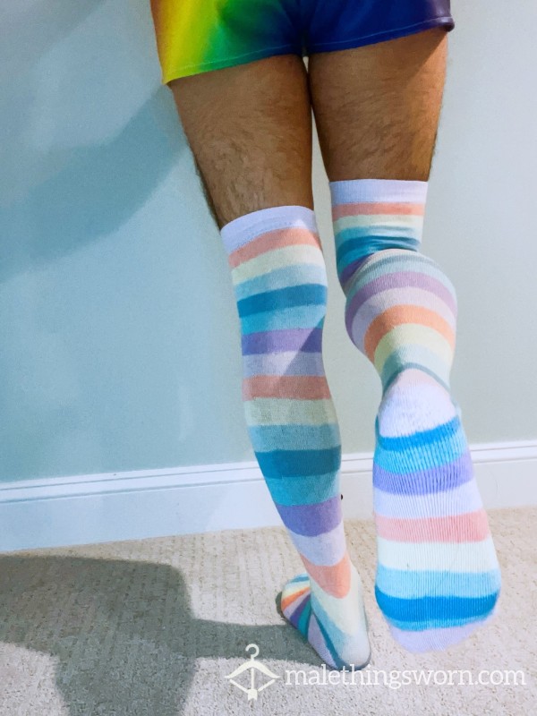 pastel Rainbow Knee High Socks Hot Topic Rare photo