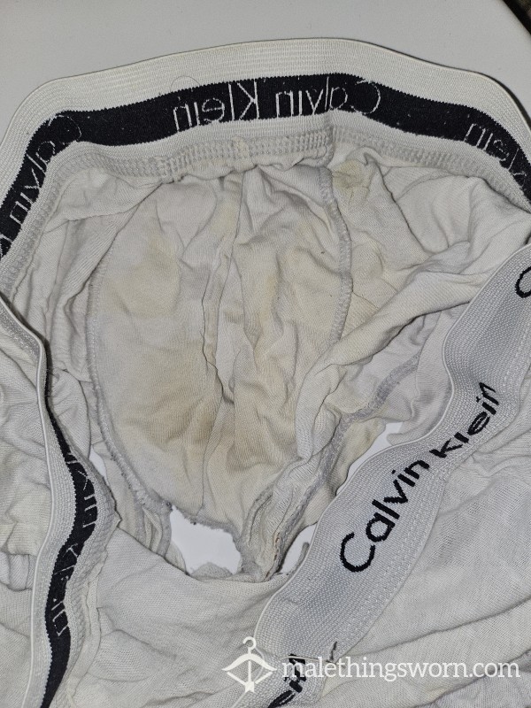 Piss Stained, Thread Bare, Ripped White CK Boxers