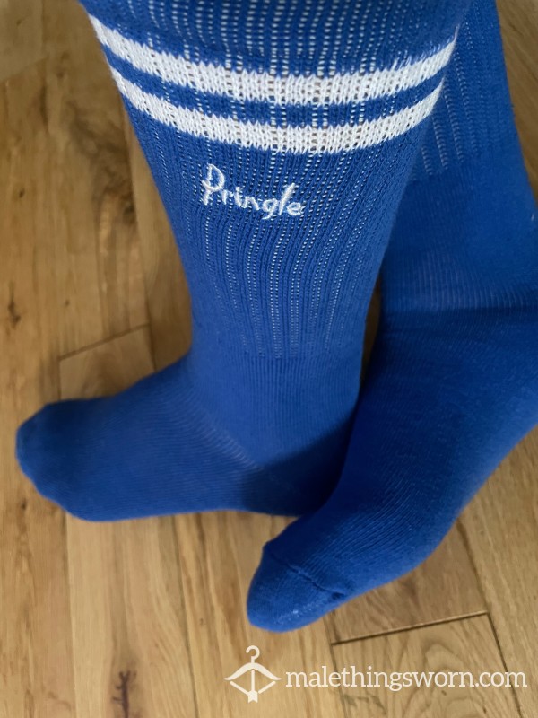 Pringle Scotland Blue Sports Crew Socks With Embroidered Logo And White Stripe Detail. Ready To Be Customised For You