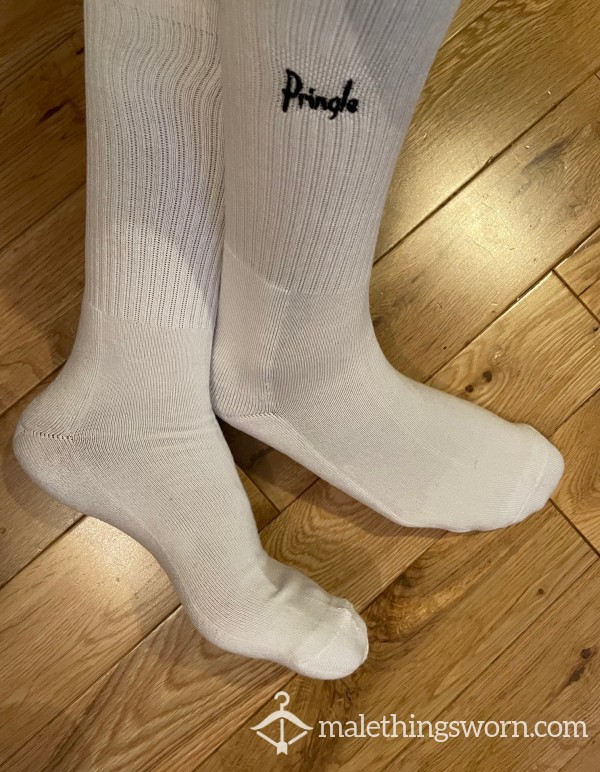Pringle Scotland White Sports Crew Socks With Embroidered Logo. Ready To Be Customised For You