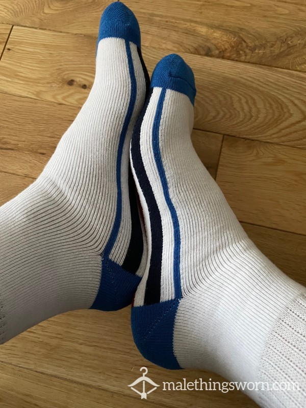 Pringle Scotland White Sports Crew Socks With Embroidered Logo And Blue Heel & Toe. Ready To Be Customised For You photo
