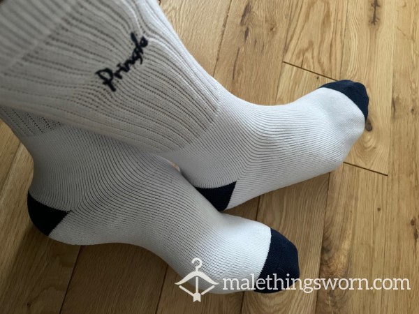 Pringle Scotland White Sports Crew Socks With Embroidered Logo And Blue Stripe Detail. Ready To Be Customised For You