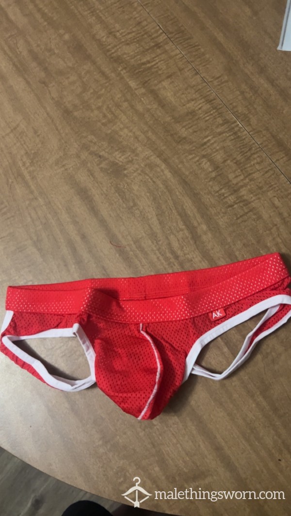 Red And White Used And Abused Musky Jock Strap. Super Rank And Stinky!