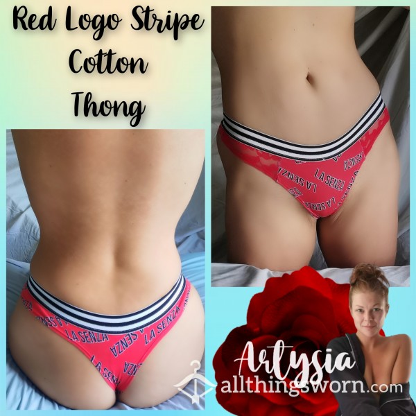 Red Logo Stripe Cotton Thong
