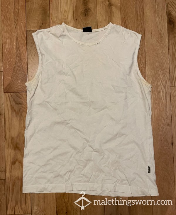 Rocky White Sleeveless Undershirt With Yellow Pit Stains Workout T-shirt (M) - Smell My Pits
