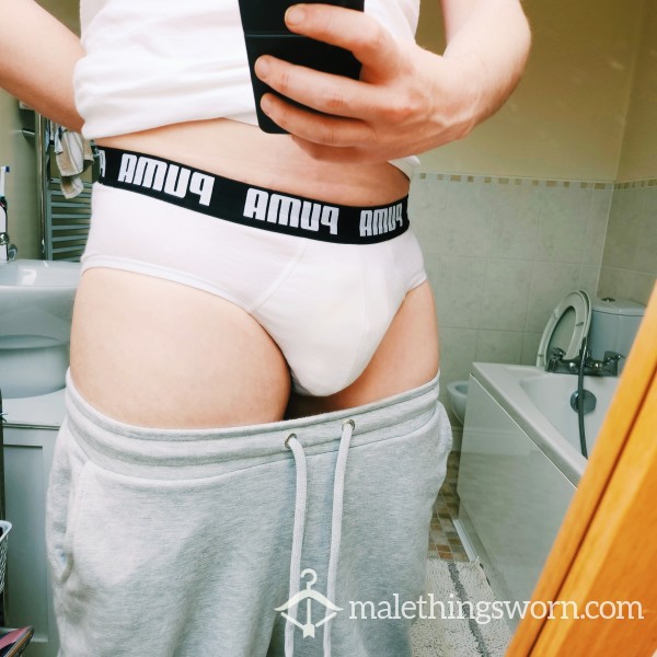 Scally Chav Puma White Briefs. Four Day Use. Piss Stained. Well Used