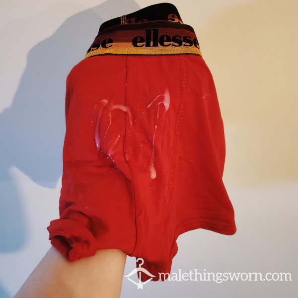 Scally Chav Red Ellesse Boxers. Cum Filled. Sweaty Well Worn. Extras Available